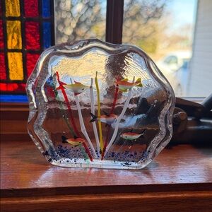 Aquarium Glass Hand Blown Flat Paperweight Multi Colored Fish